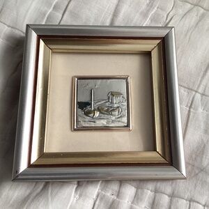 VINTAGE ITALIAN FRAMED MINIATURE GOLD LEAF FOIL CHROMOLITHOGRAPHY OF SMALL BOATS